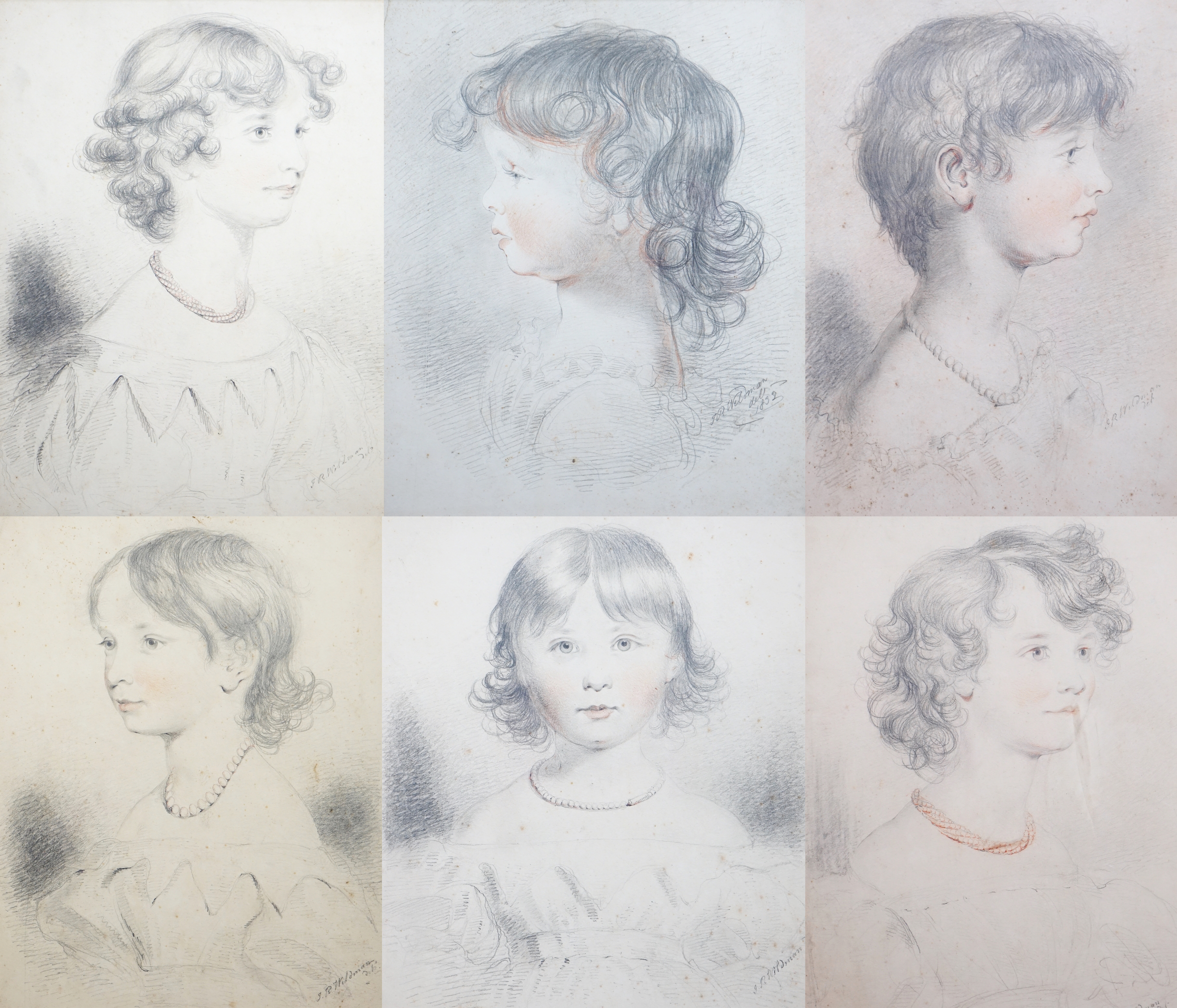John Robert Wildman (fl.1823-1839) Family portraits of young girls, pencil and sanguine chalk on paper (6) each signed, each, 46 x 39cm